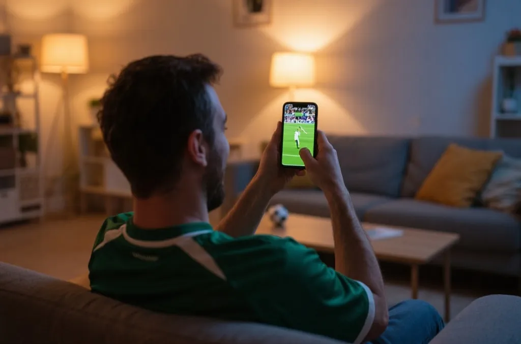 A passionate soccer fan watching a live football game on a mobile phone screen, modern cozy living room setting, warm ambient lighting