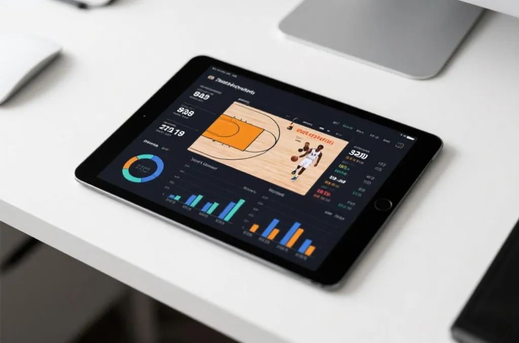 A modern tablet displaying generic basketball game statistics and player performance charts